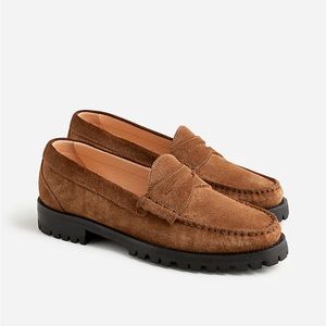 J Crew Winona lug-sole penny loafers in suede. Rich toffee, size 7h. Never worn!